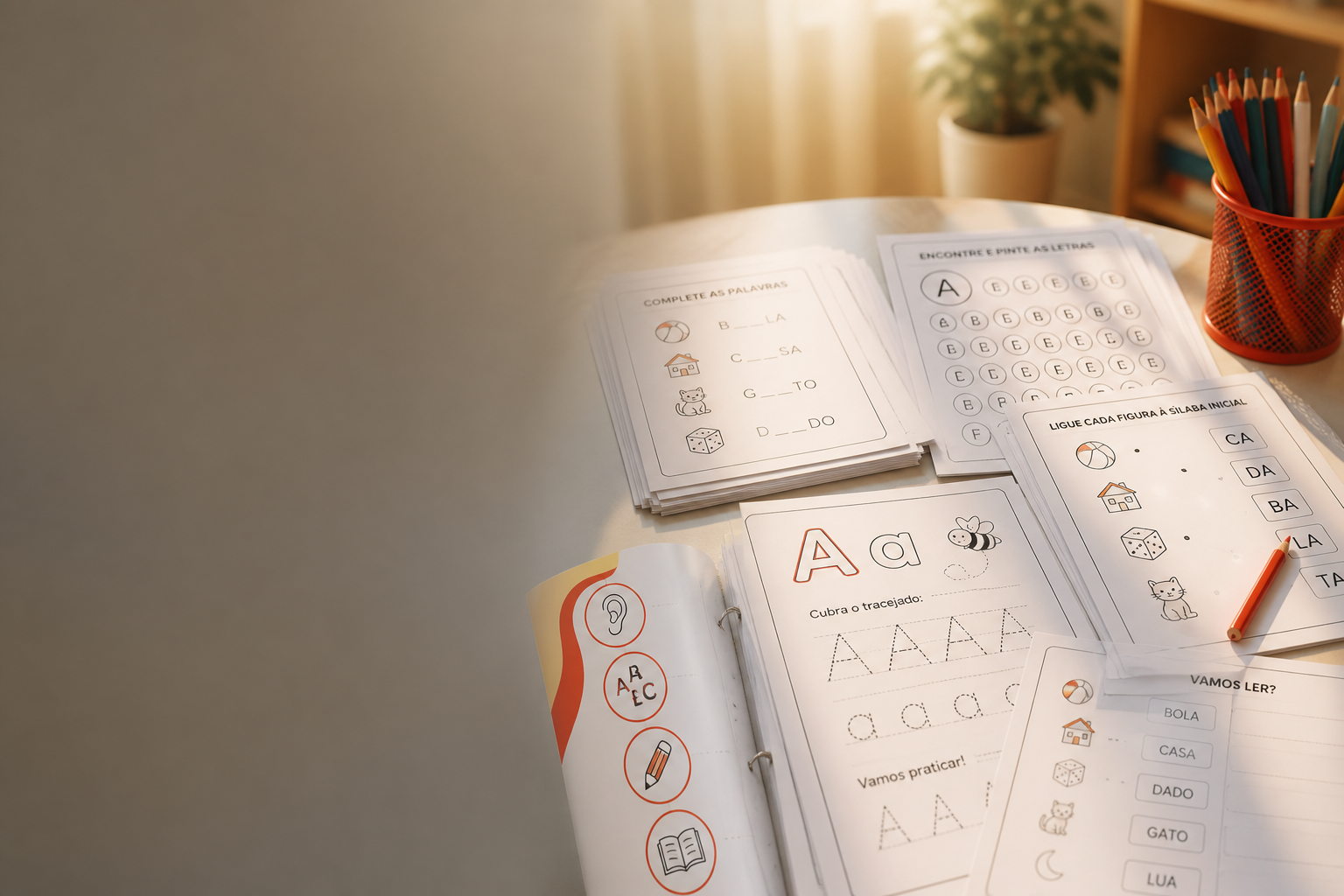 Mesa com atividades impressas de alfabetização infantil